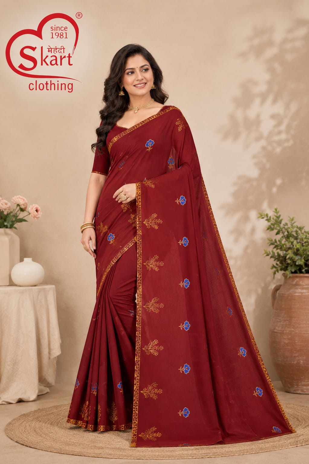 Elegant Maroon Saree with Blue Floral & Golden Motif Design - View 2