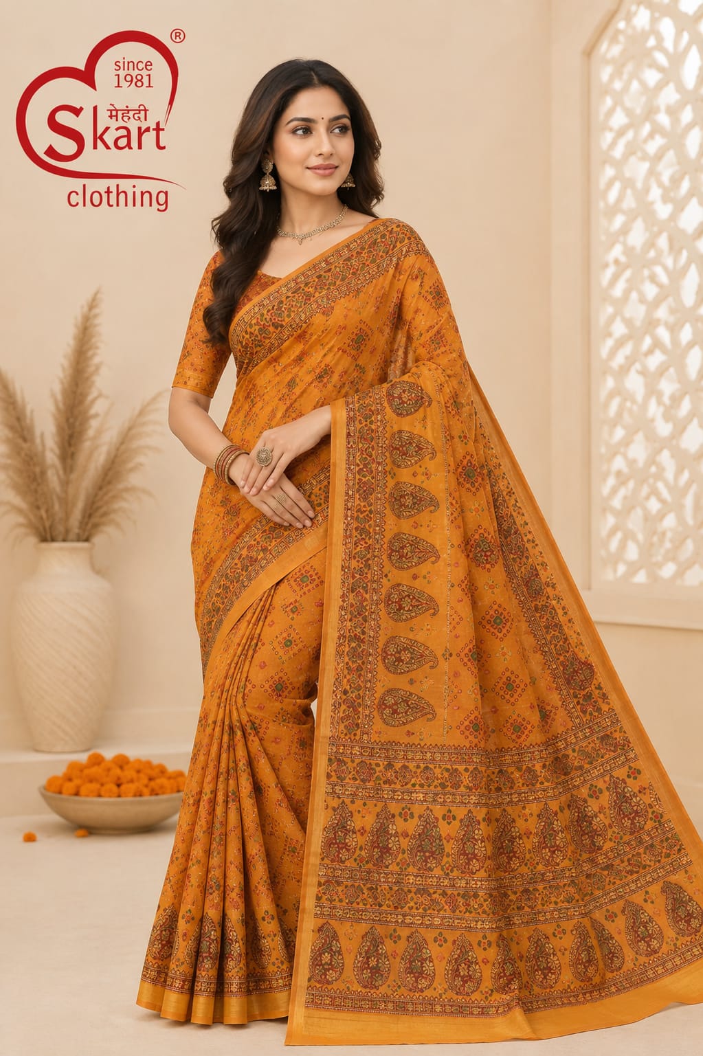 Mustard Yellow Printed Saree with Traditional Kalamkari-Inspired Motifs - View 2