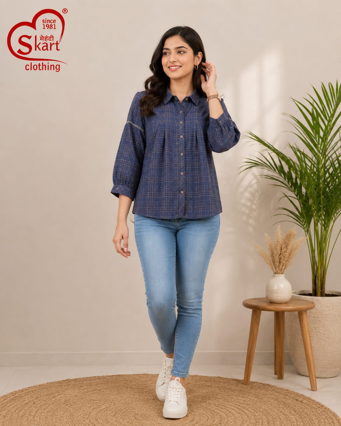 Elegant Navy Blue Checkered Women’s Casual Shirt - View 2