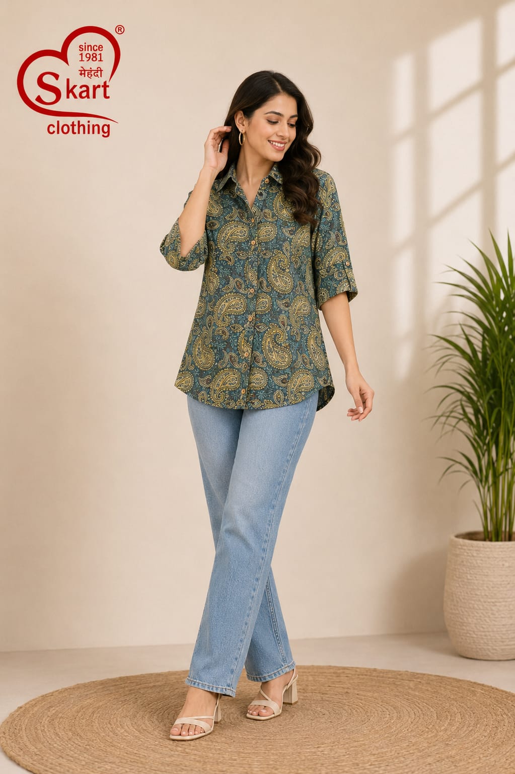 Elegant Teal Paisley Printed Women’s Shirt - View 2
