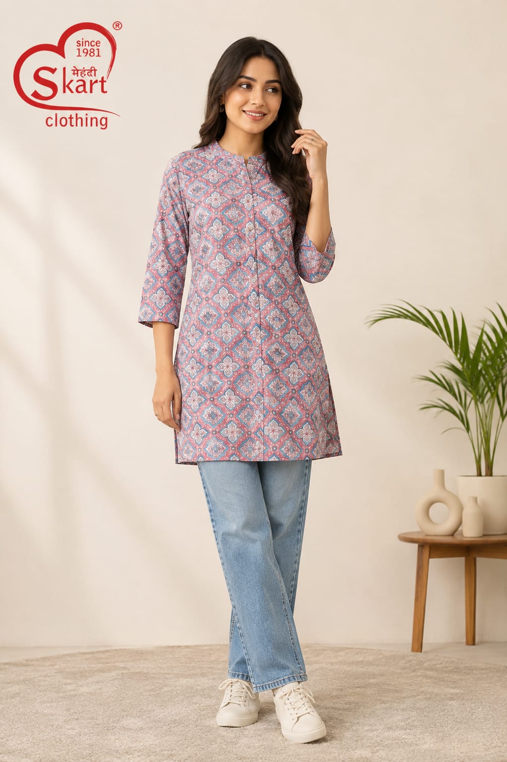 Stylish Pink & Blue Geometric Printed Women’s Kurti - View 2
