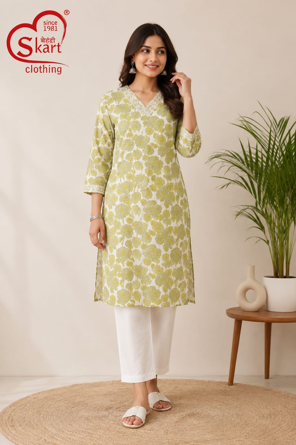 Elegant Olive Green Floral Printed Women’s Kurti - View 2