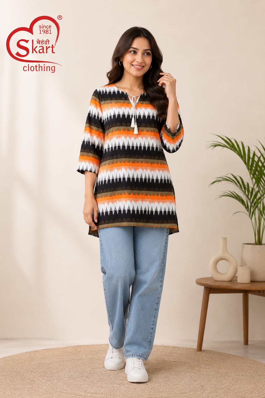 Black & Orange Geometric Printed Women’s Tunic - View 2