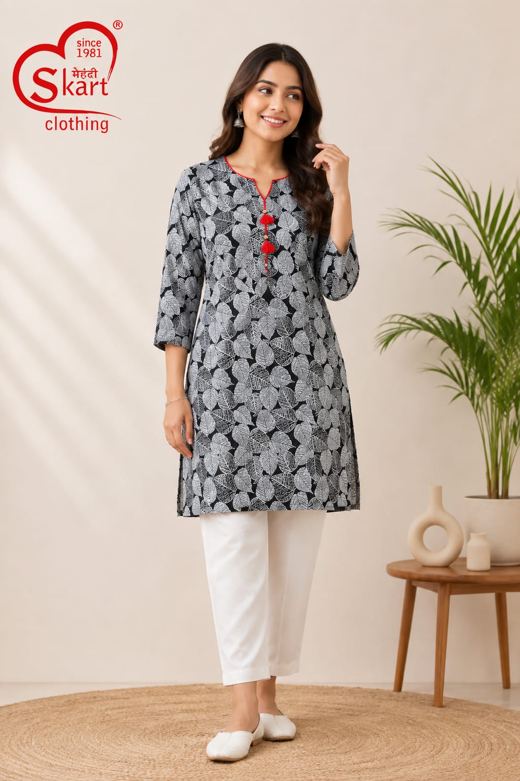 Black & White Leaf Printed Women’s Kurti - View 2