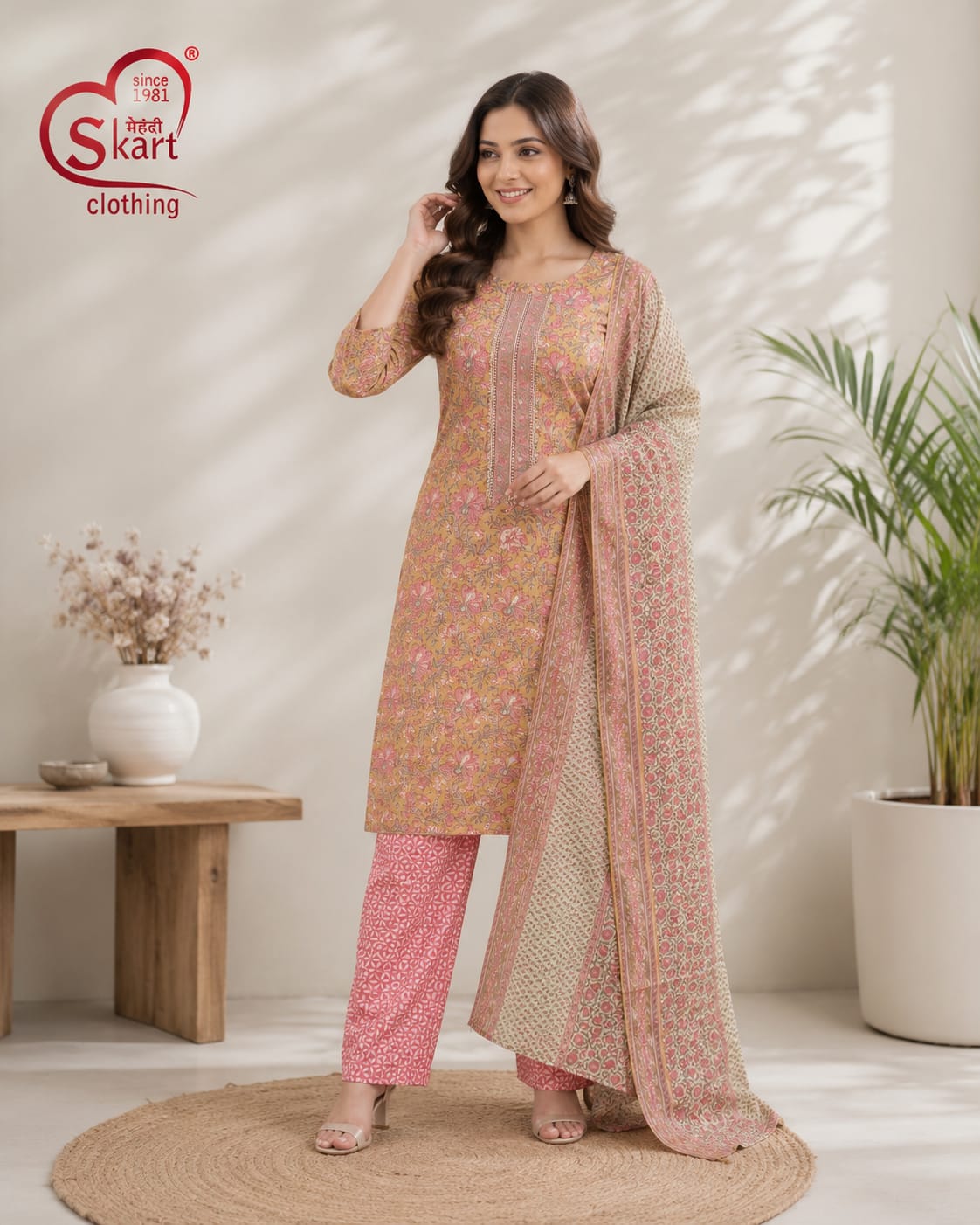 Pink & Beige Floral Printed Women’s Salwar Suit Set - View 2