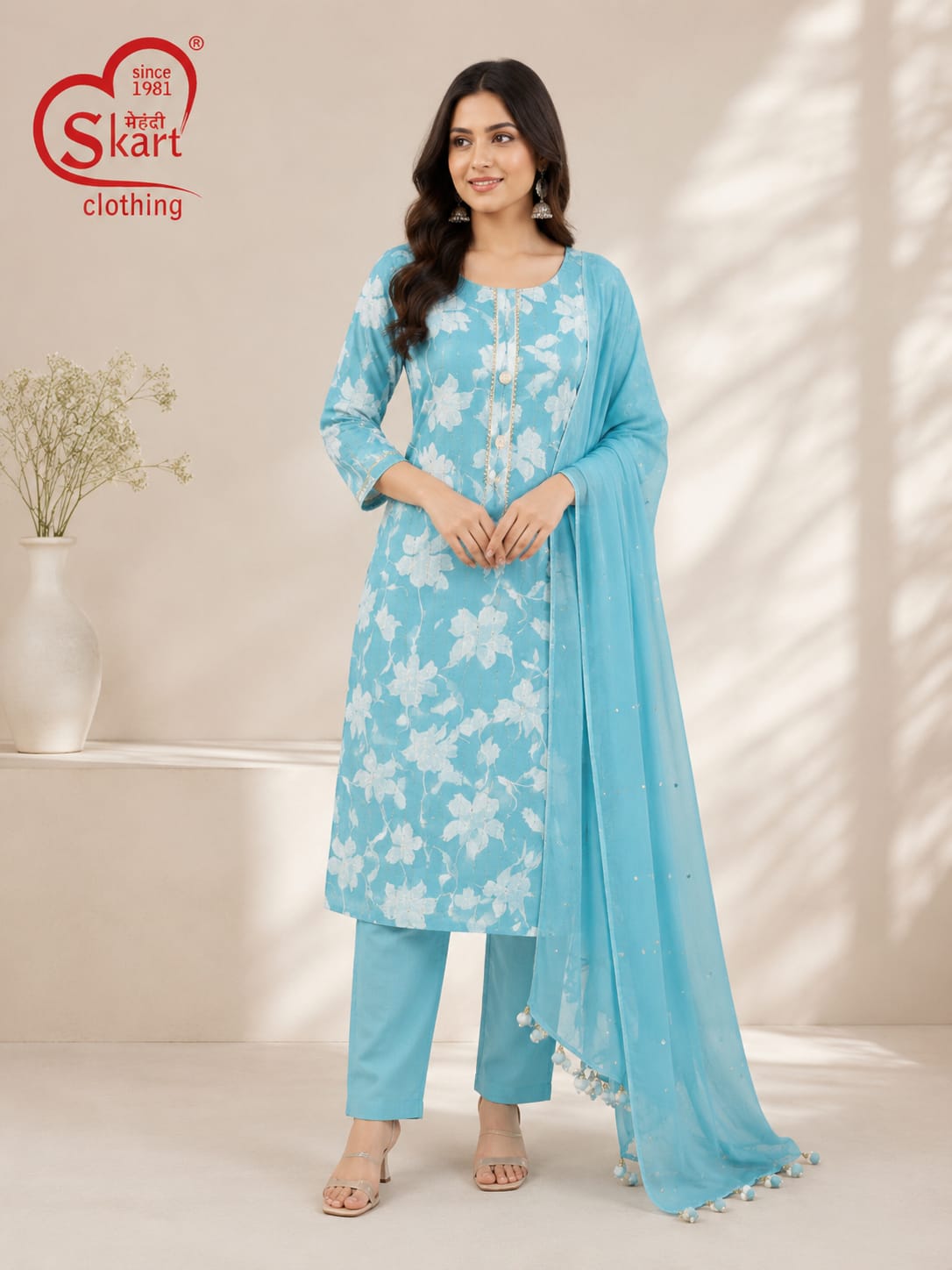 Sky Blue Floral Printed Women’s Salwar Suit Set - View 2