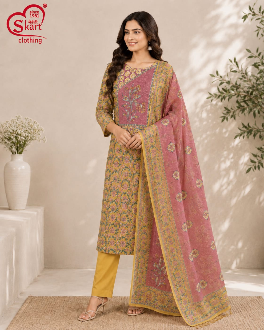 Mustard & Pink Floral Printed Women’s Salwar Suit Set - View 2