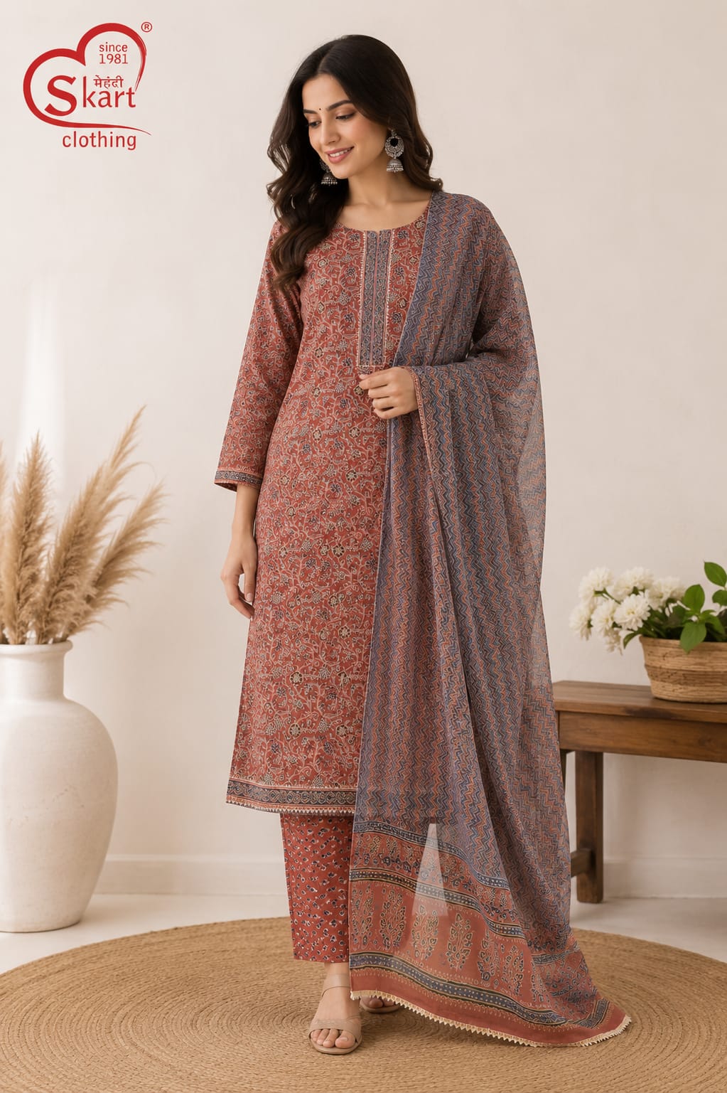 Rust & Blue Printed Women’s Salwar Suit Set with Dupatta - View 2