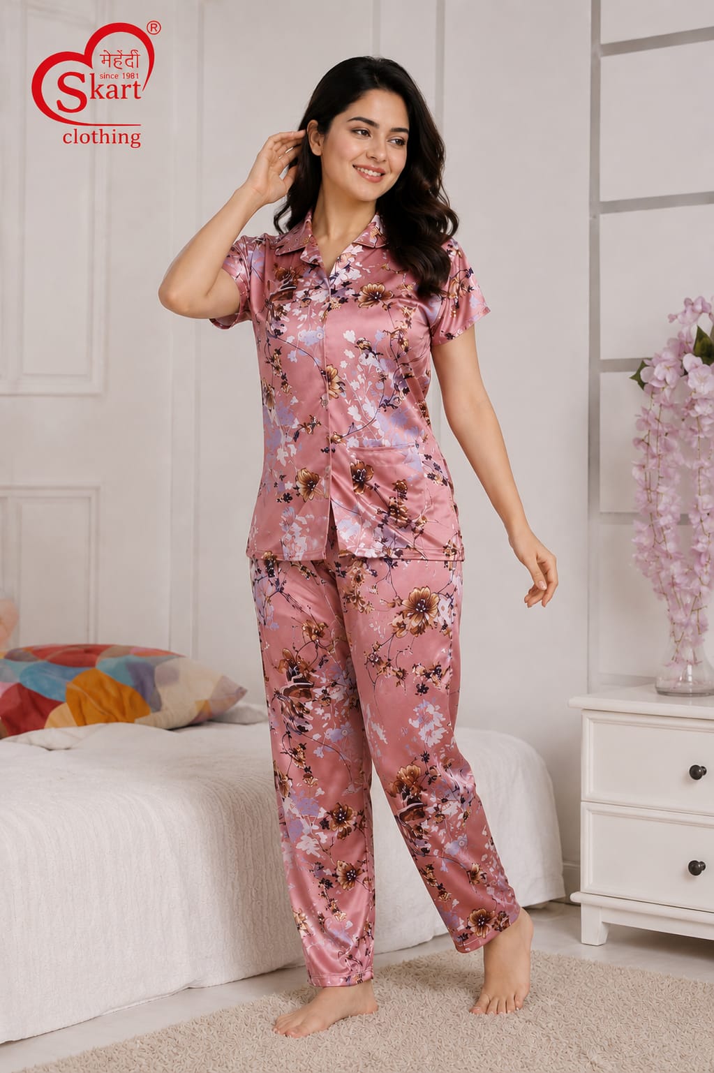 Pink Floral Printed Satin Women’s Night Suit - View 2