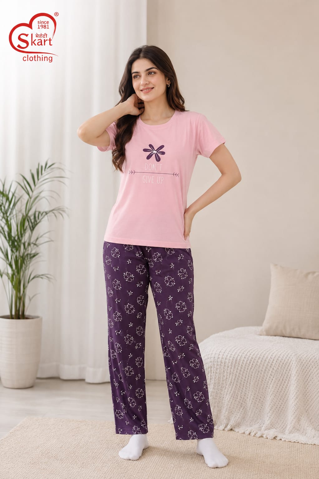 Pink “Don’t Give Up” Printed Women’s Night Suit - View 2