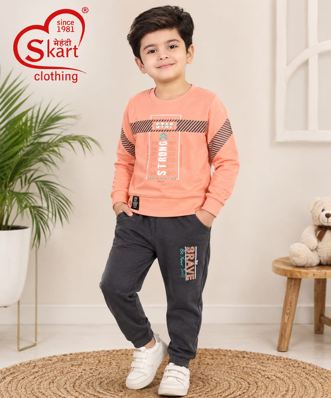 Boys Stylish Peach Full Sleeve Sweatshirt with Dark Grey Joggers - View 2