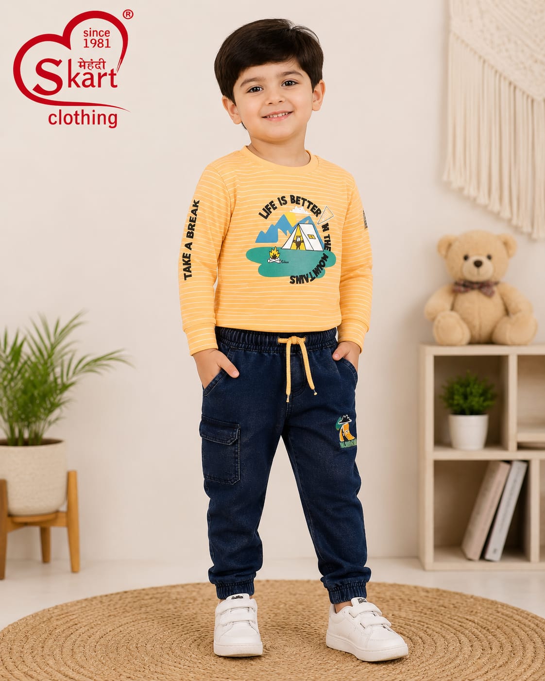Boys Stylish Yellow Printed Sweatshirt with Navy Jogger Pants - View 2