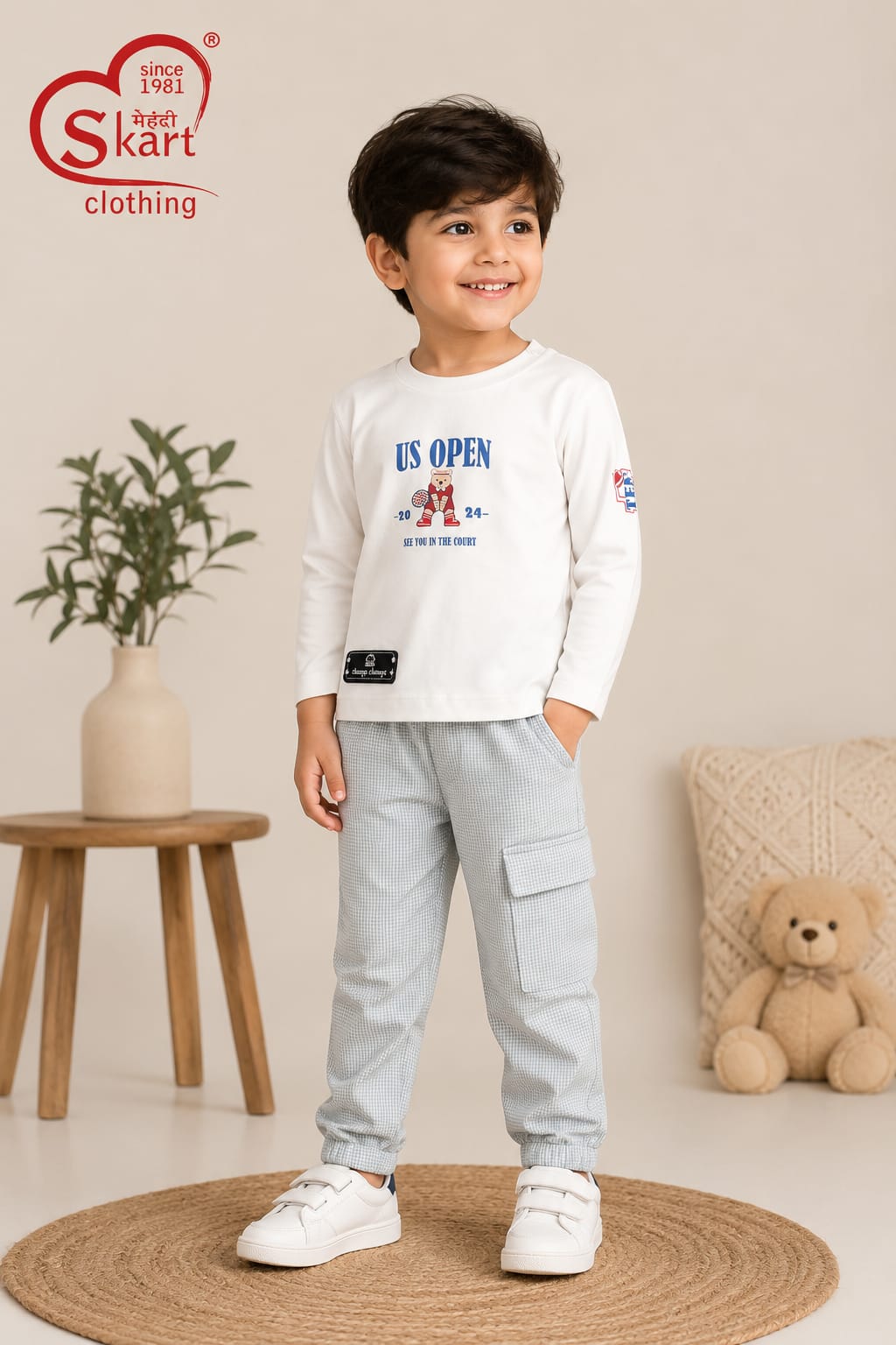 White Printed Full-Sleeve T-Shirt with Grey Check Cargo Pants for Boys - View 2