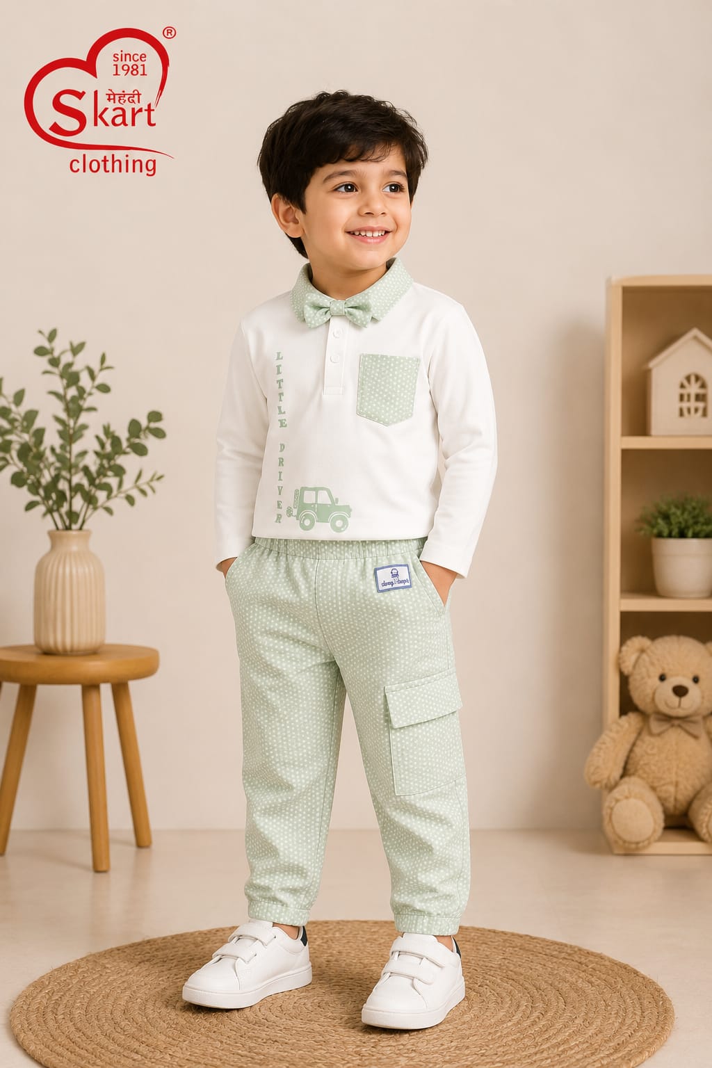 White Printed Polo Sweatshirt with Mint Green Cargo Jogger Set for Boys - View 2