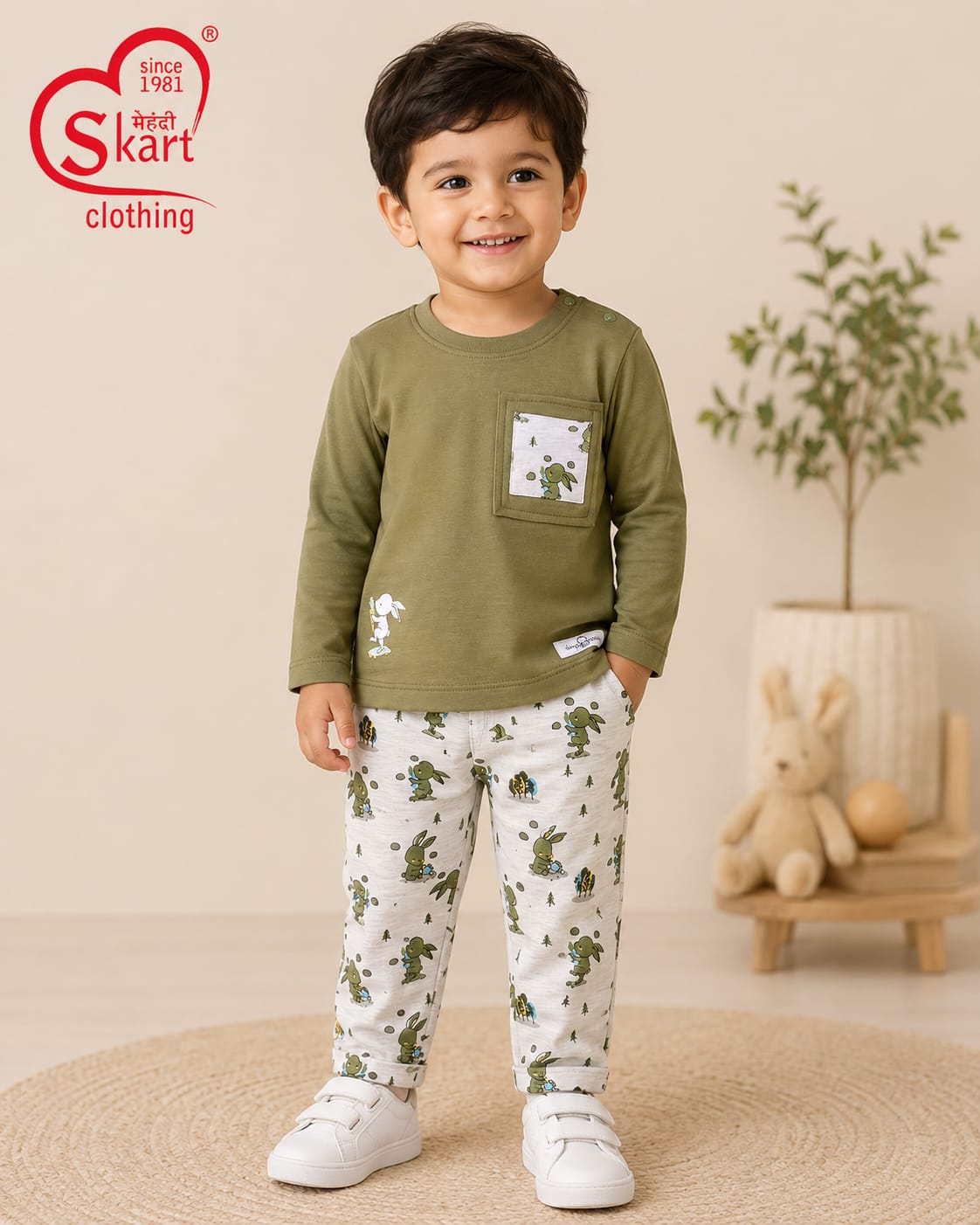 Boys’ Olive Green Full-Sleeve T-Shirt & Printed Pants Set - View 2
