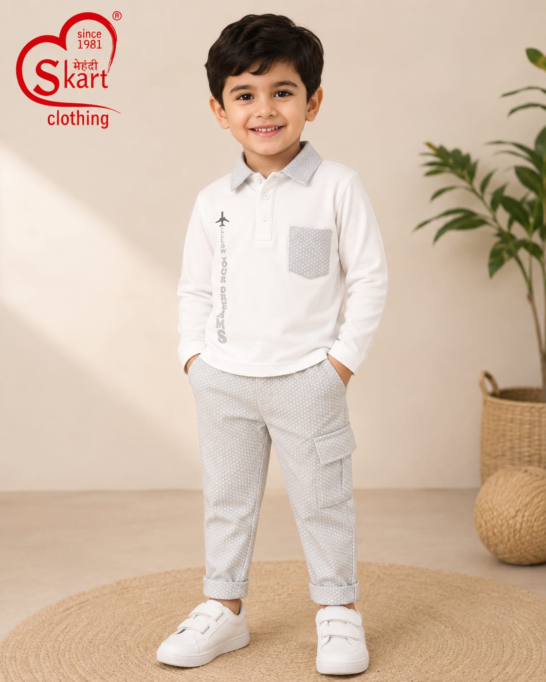 Boys’ White Full-Sleeve Polo T-Shirt & Grey Cargo Pants Set - View 2