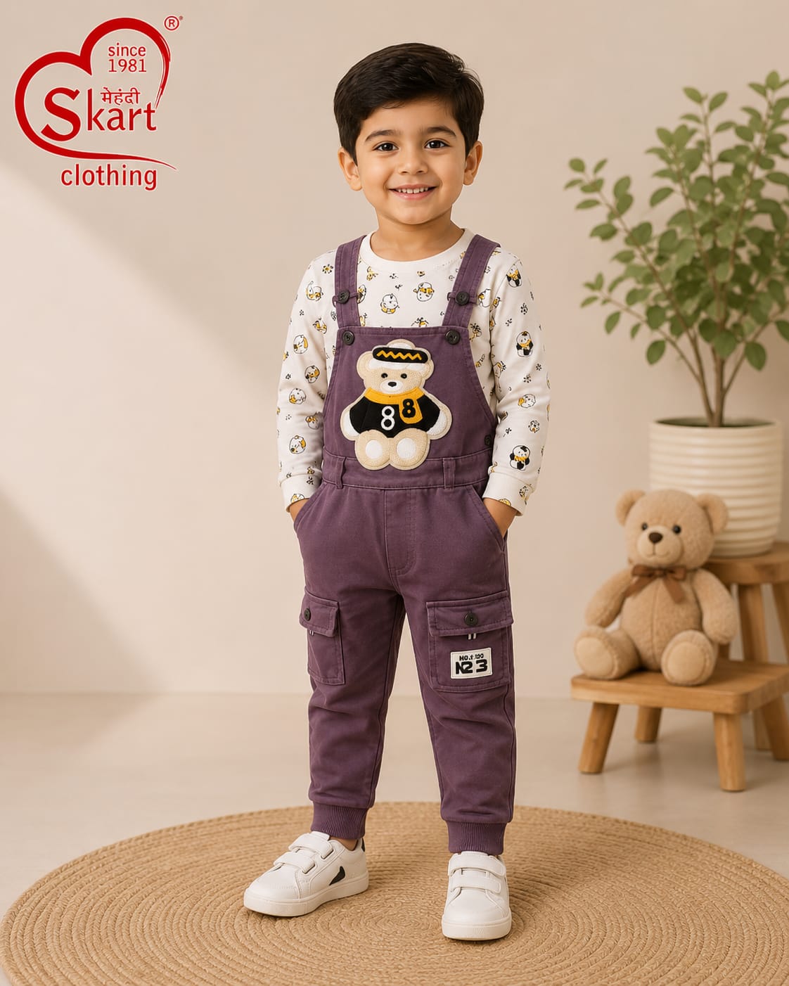 Boys’ Purple Bear Print Dungaree & Full-Sleeve T-Shirt Set - View 2