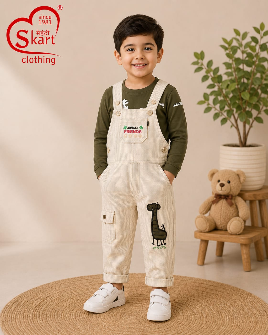 Boys’ Beige Gingham Dungaree with Jungle Print Full-Sleeve T-Shirt Set - View 2