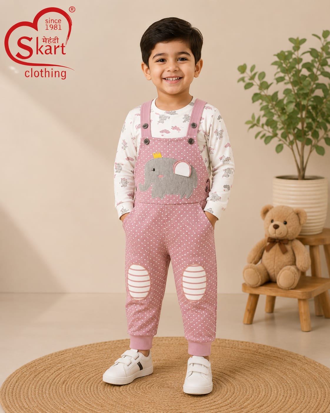Boys Pink Elephant Print Dungaree Set for Kids - View 2