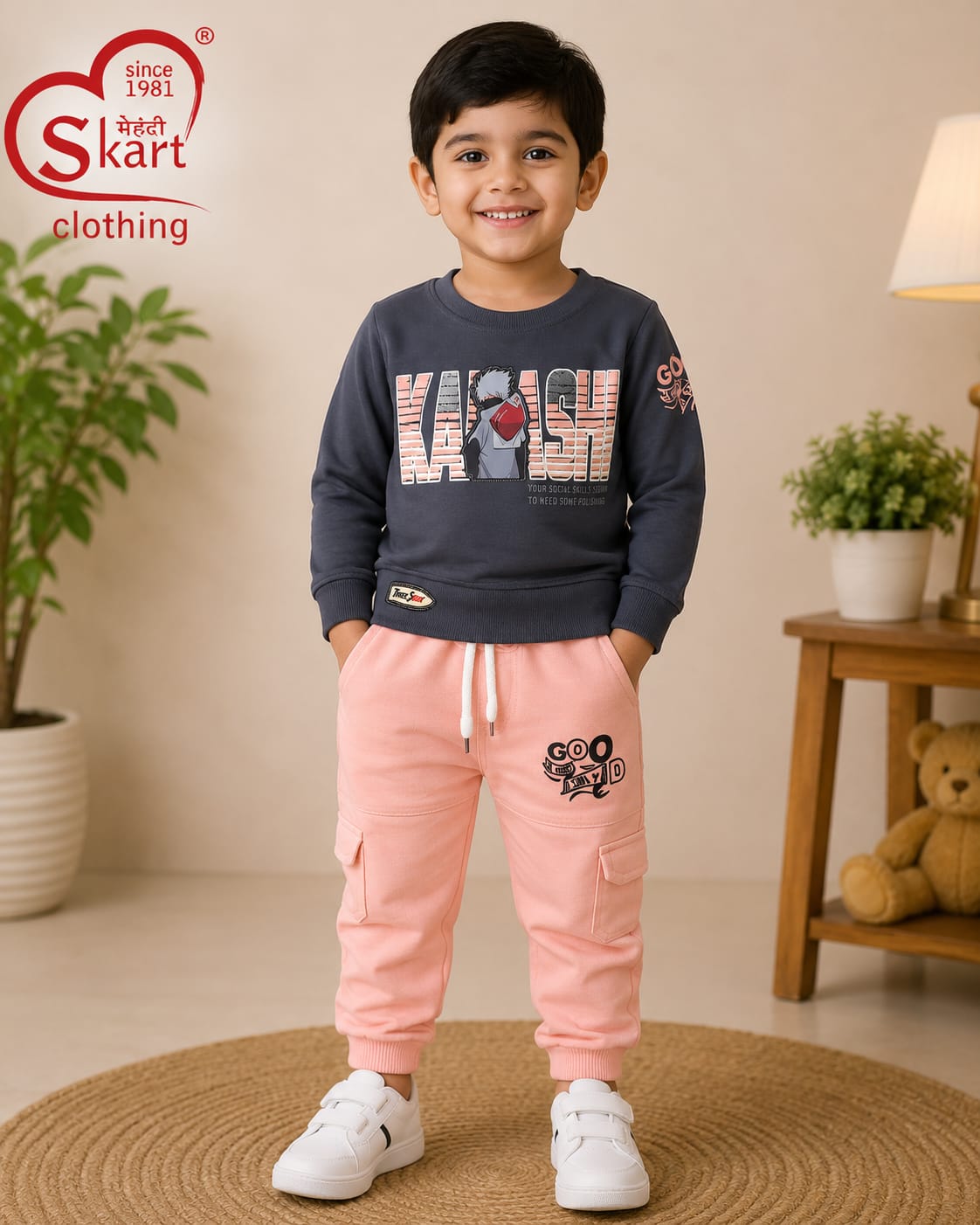Boys Charcoal Grey Printed Sweatshirt with Pink Cargo Jogger Set - View 2