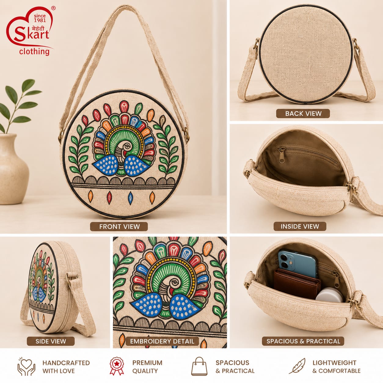 Handcrafted Peacock Embroidered Round Sling Bag for Women & Girls - View 2