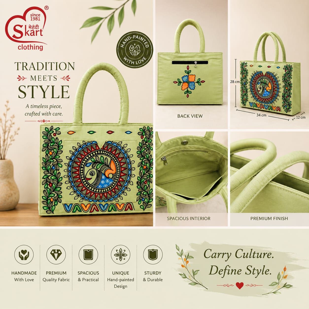 Hand-Painted Traditional Tote Bag with Folk Art Design for Women - View 2