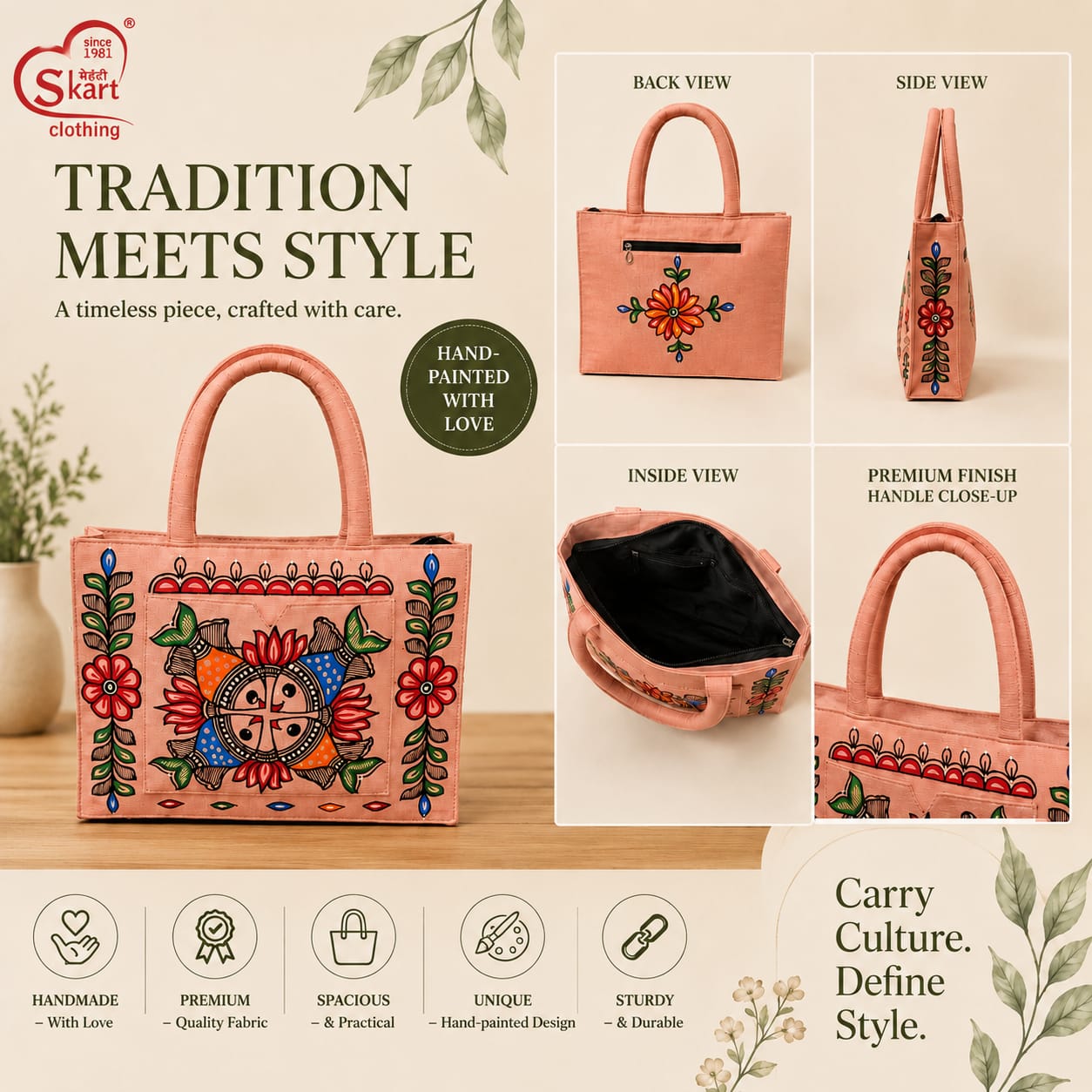 Hand-Painted Traditional Embroidered Tote Bag for Women – Premium Fabric Ethnic Handbag - View 2