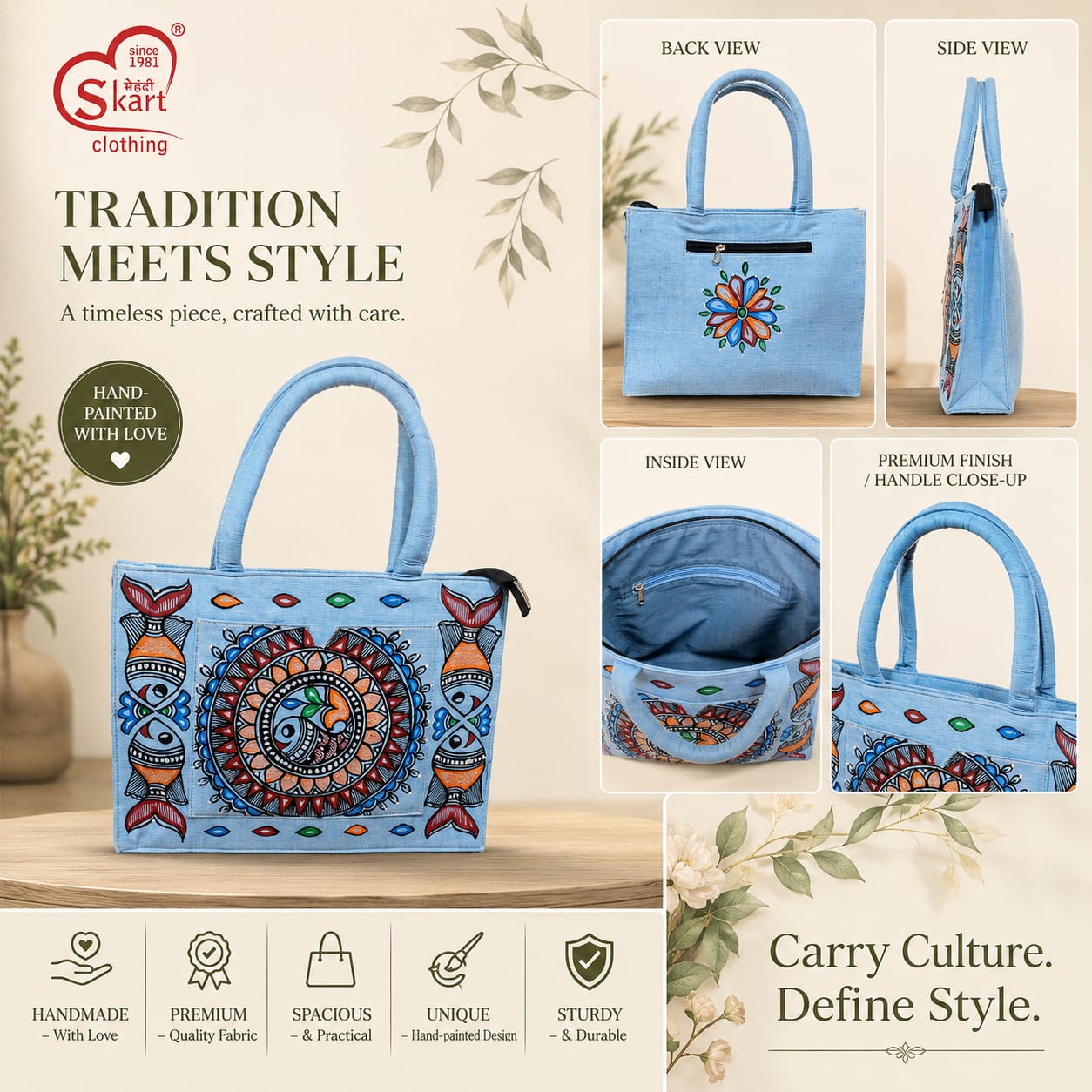 Hand-Painted Traditional Tote Bag for Women – Artistic Ethnic Design & Premium Fabric - View 2