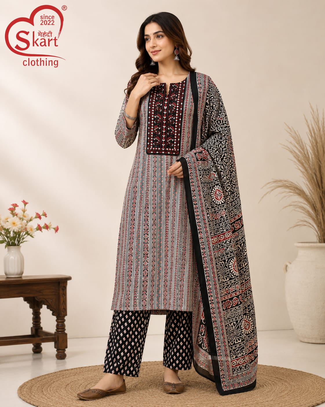 Elegant Black & Maroon Printed Cotton Suit Set with Dupatta - View 2