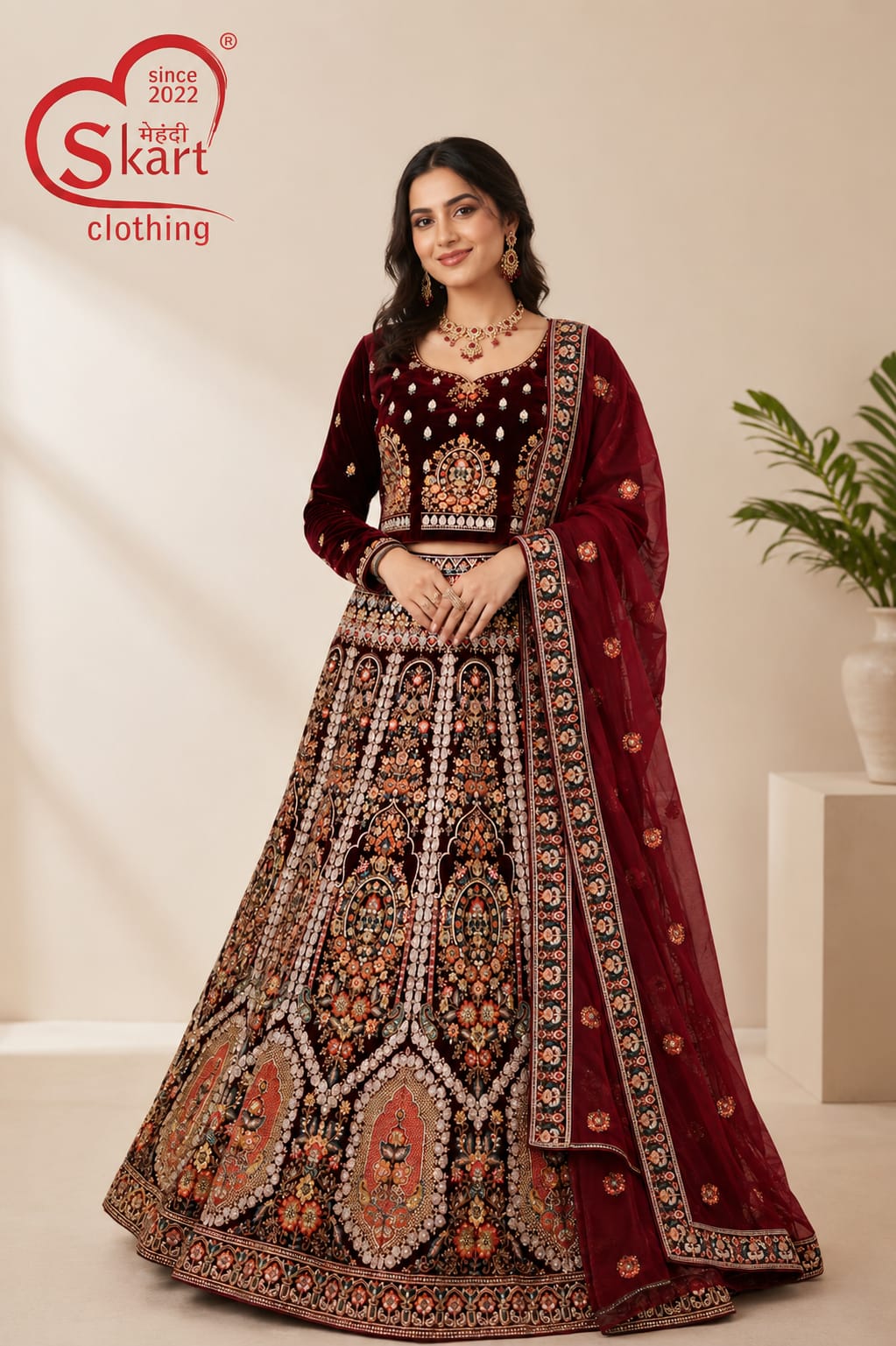 Maroon Printed Anarkali Lehenga Set with Dupatta - View 2