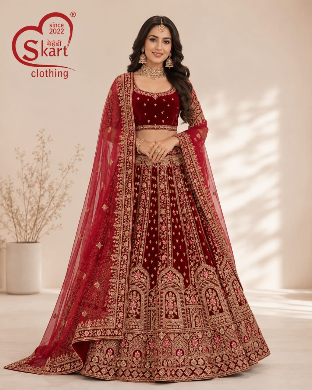 Wine Red Designer Lehenga Choli with Embroidered Dupatta - View 2