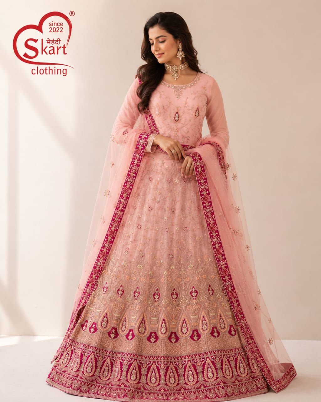 Peach Pink Embroidered Anarkali Suit with Designer Dupatta - View 2