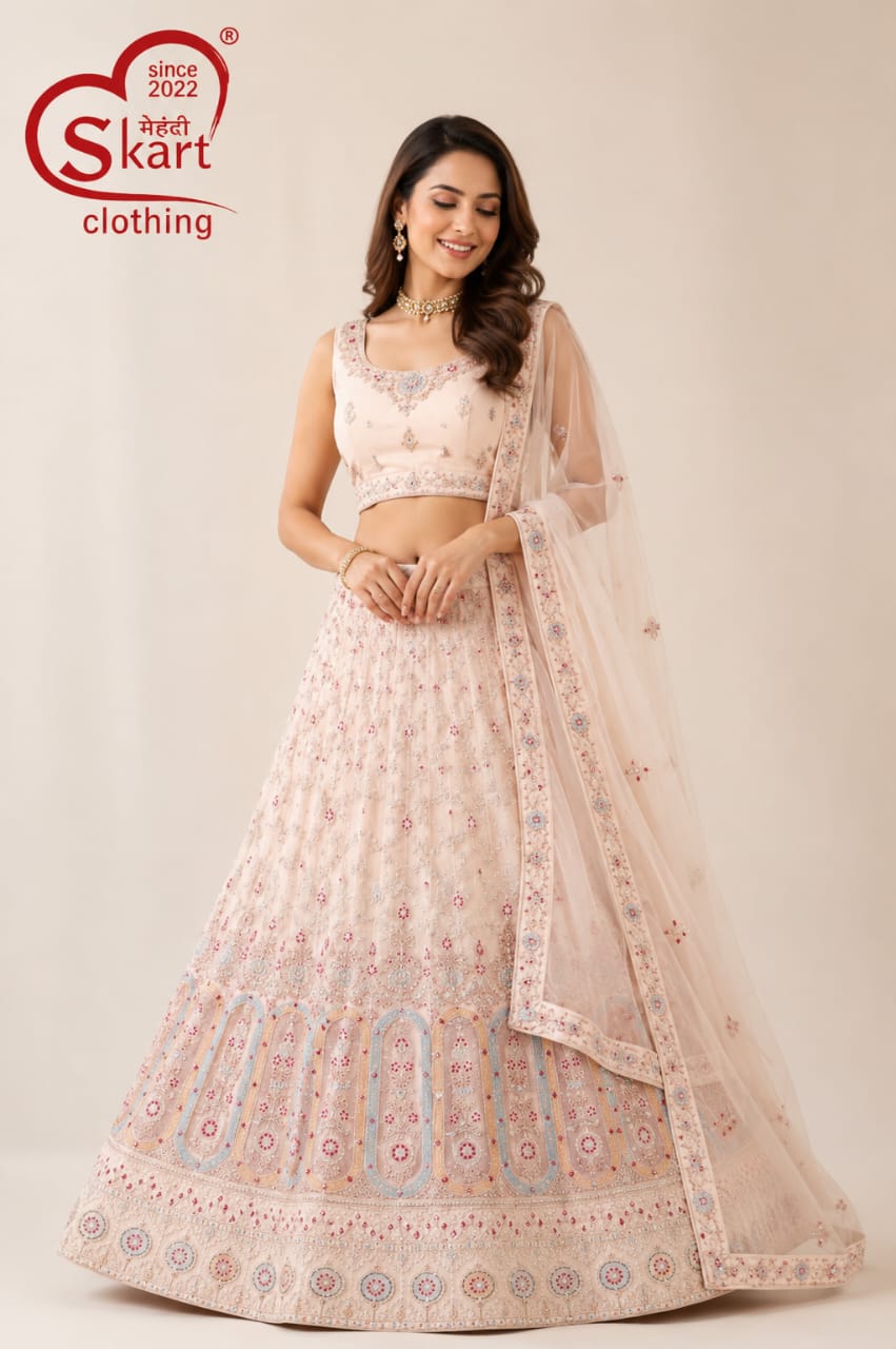 Pastel Peach Embroidered Designer Lehenga Choli with Dupatta - View 2
