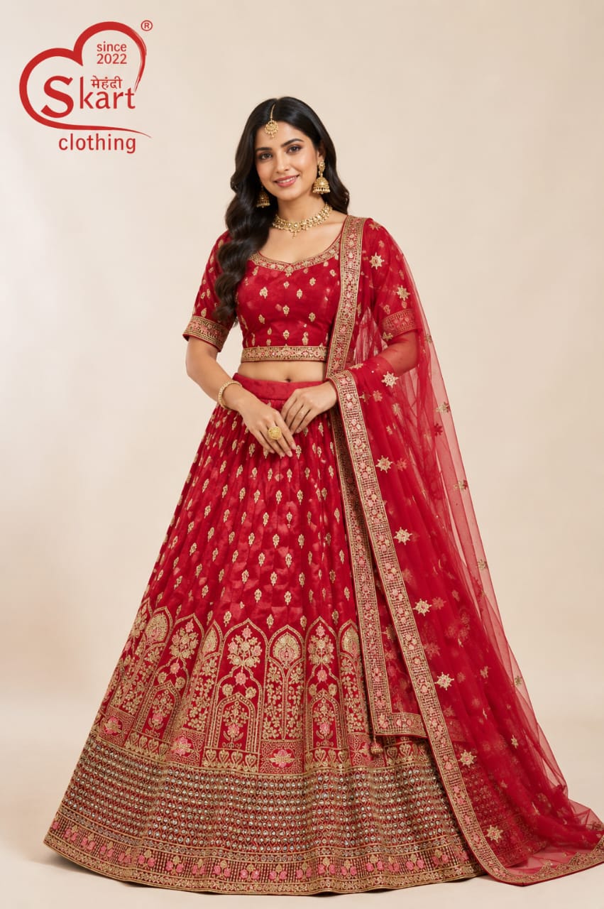 Red Zari Embroidered Designer Lehenga Choli with Dupatta - View 2