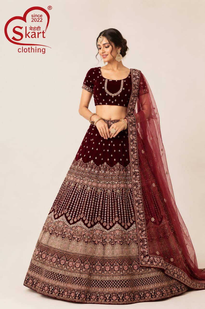 Wine Maroon Embroidered Designer Lehenga Choli with Dupatta - View 2