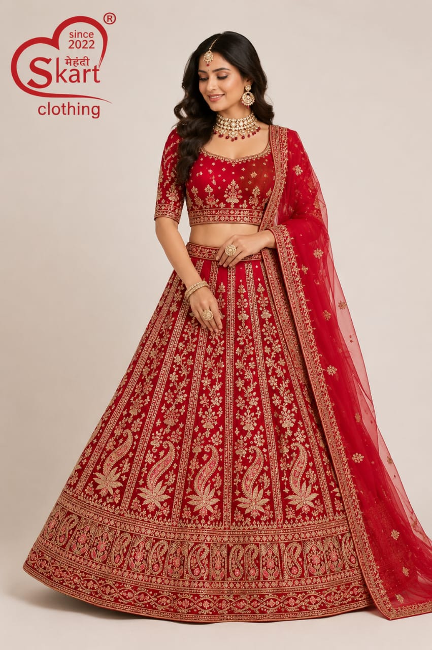 Red Bridal Embroidered Lehenga Choli with Dupatta - View 2