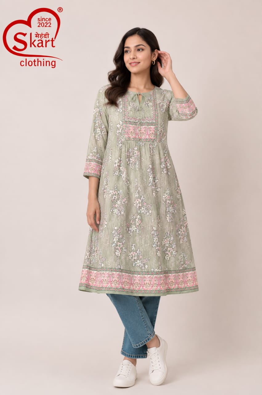 Women’s Green Floral Printed Kurti – Elegant Everyday Wear - View 2