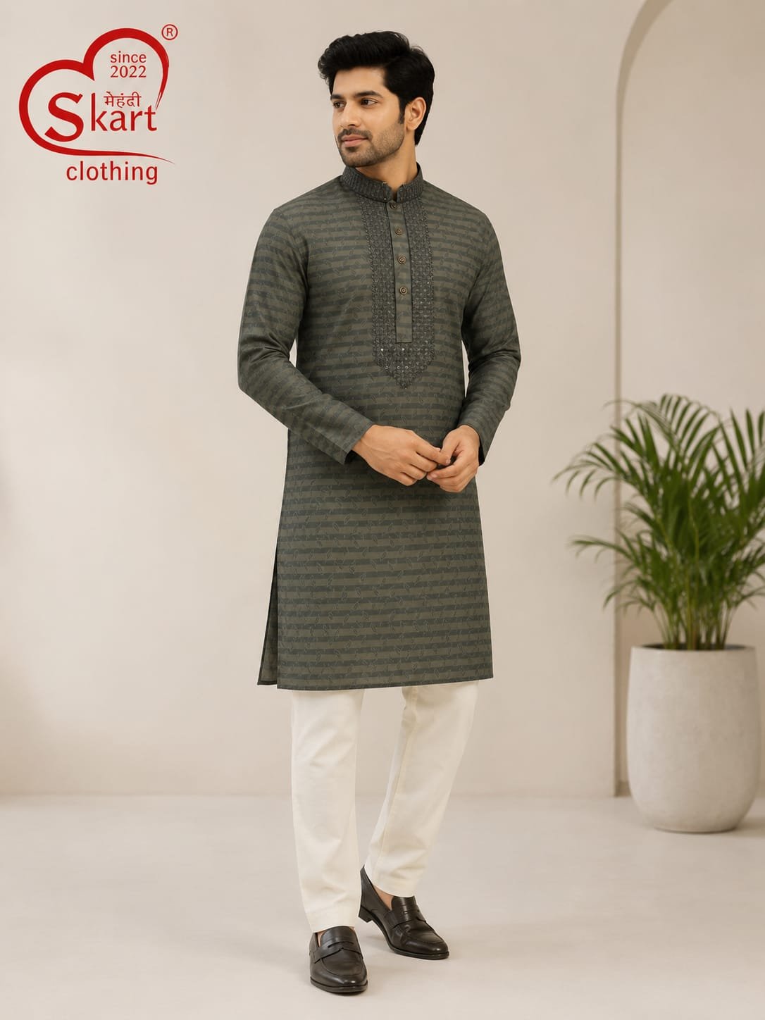 Men's Olive Green Striped Embroidered Kurta with White Pajama - View 2