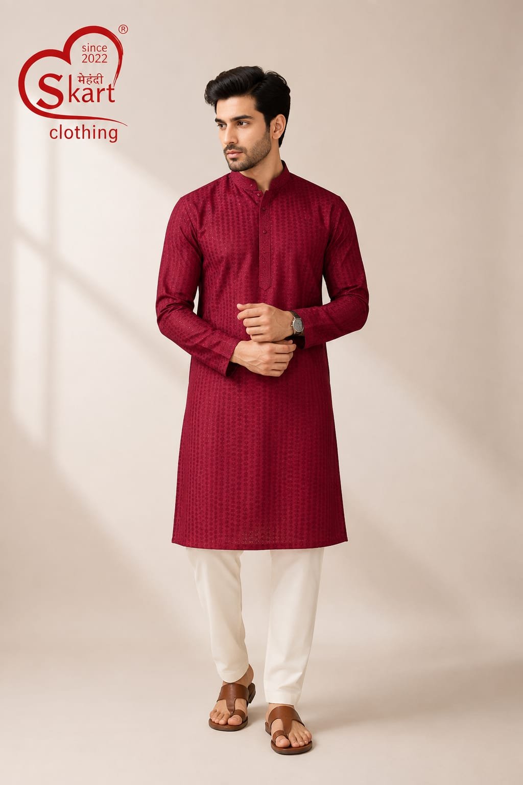 Men's Maroon Textured Ethnic Kurta with White Pajama - View 2