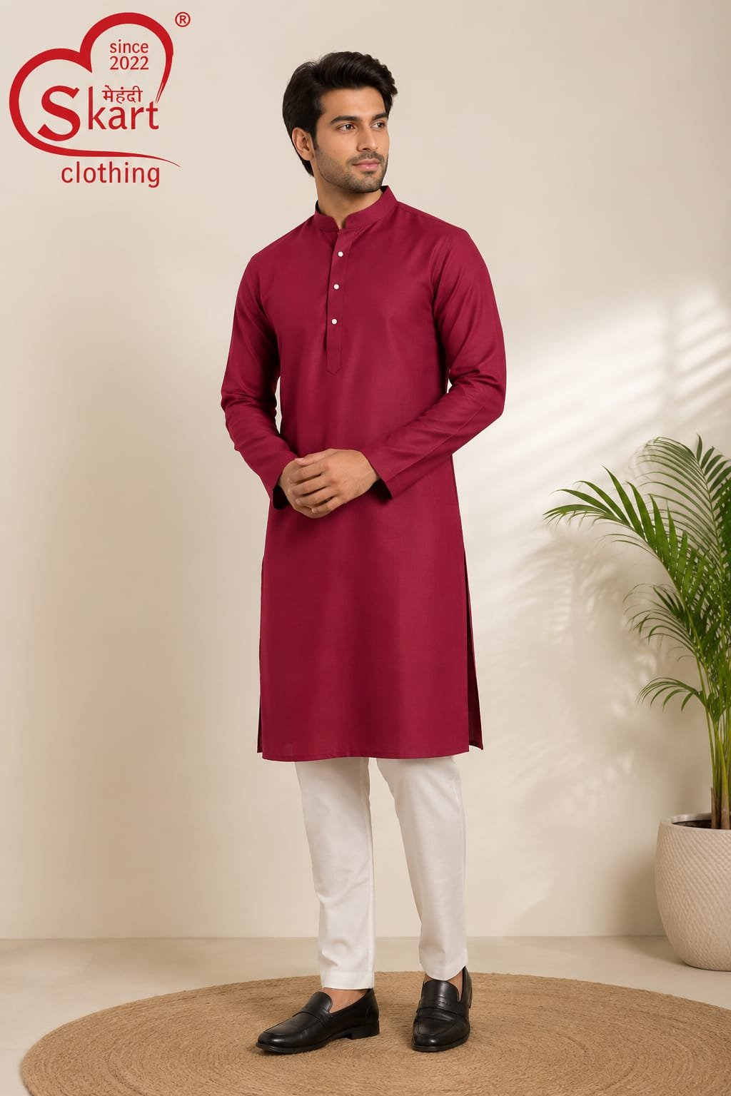 Men’s Solid Maroon Full Sleeve Kurta with White Pajama - View 2