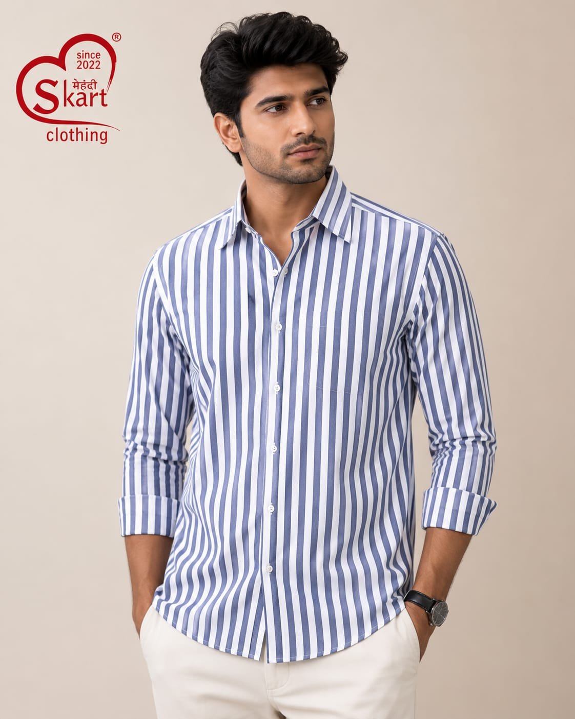 Men's Blue & White Vertical Striped Casual Shirt - View 2