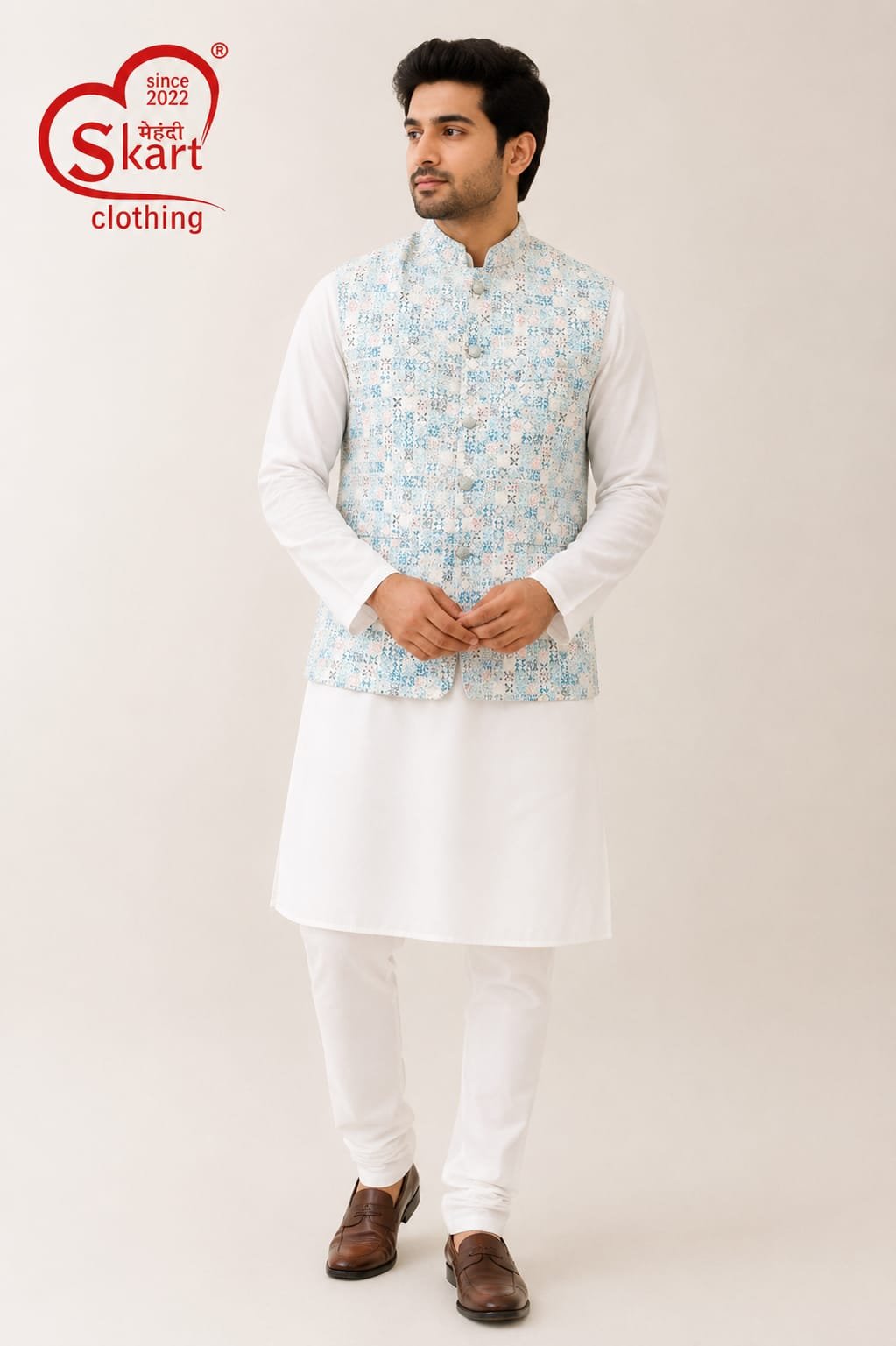 Men’s Blue Printed Nehru Jacket - View 2