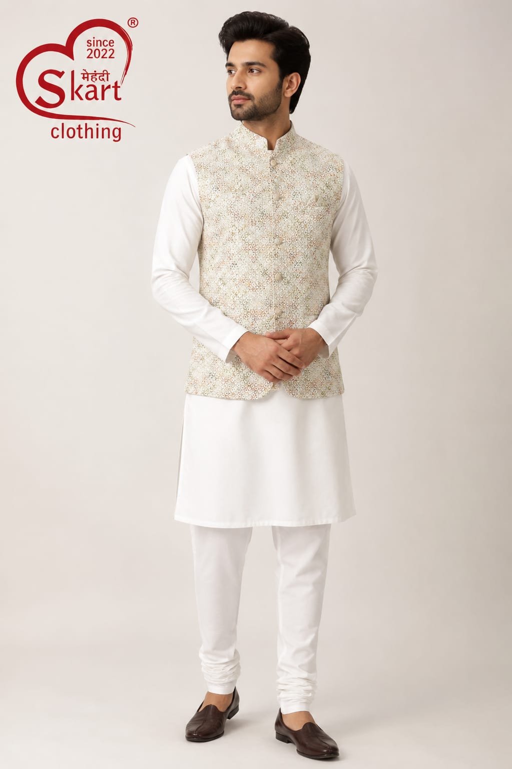 Men’s Beige Printed Nehru Jacket - View 2