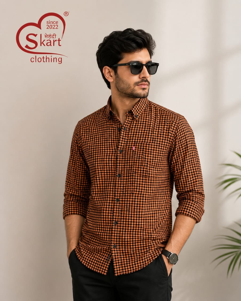 Men’s Orange & Black Checkered Casual Shirt - View 2