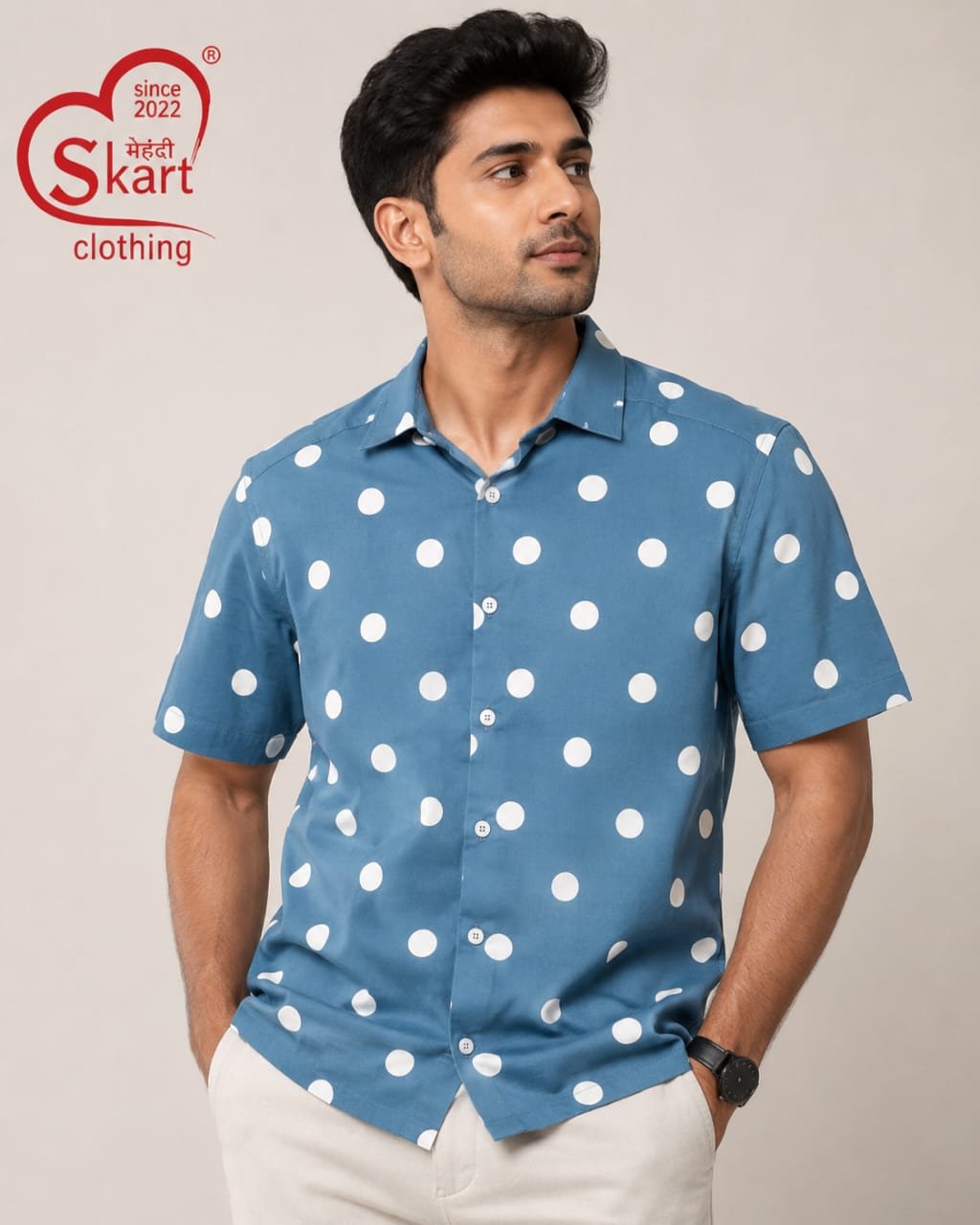 Sky Blue Polka Dot Half Sleeve Shirt for Men - View 2