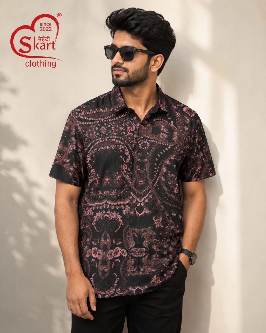 Black & Maroon Paisley Printed Half Sleeve Shirt for Men - View 2