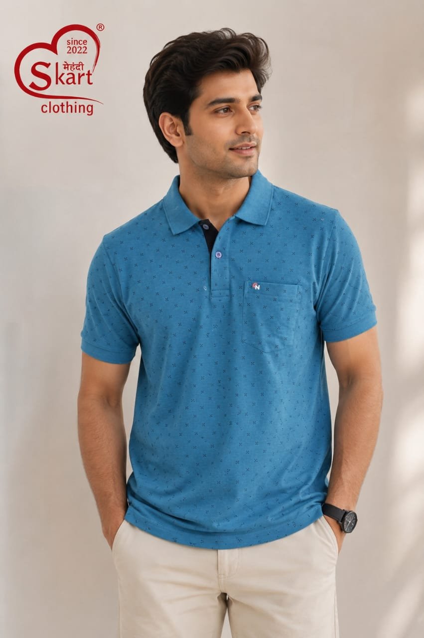 Sky Blue Printed Polo T-Shirt for Men - View 2