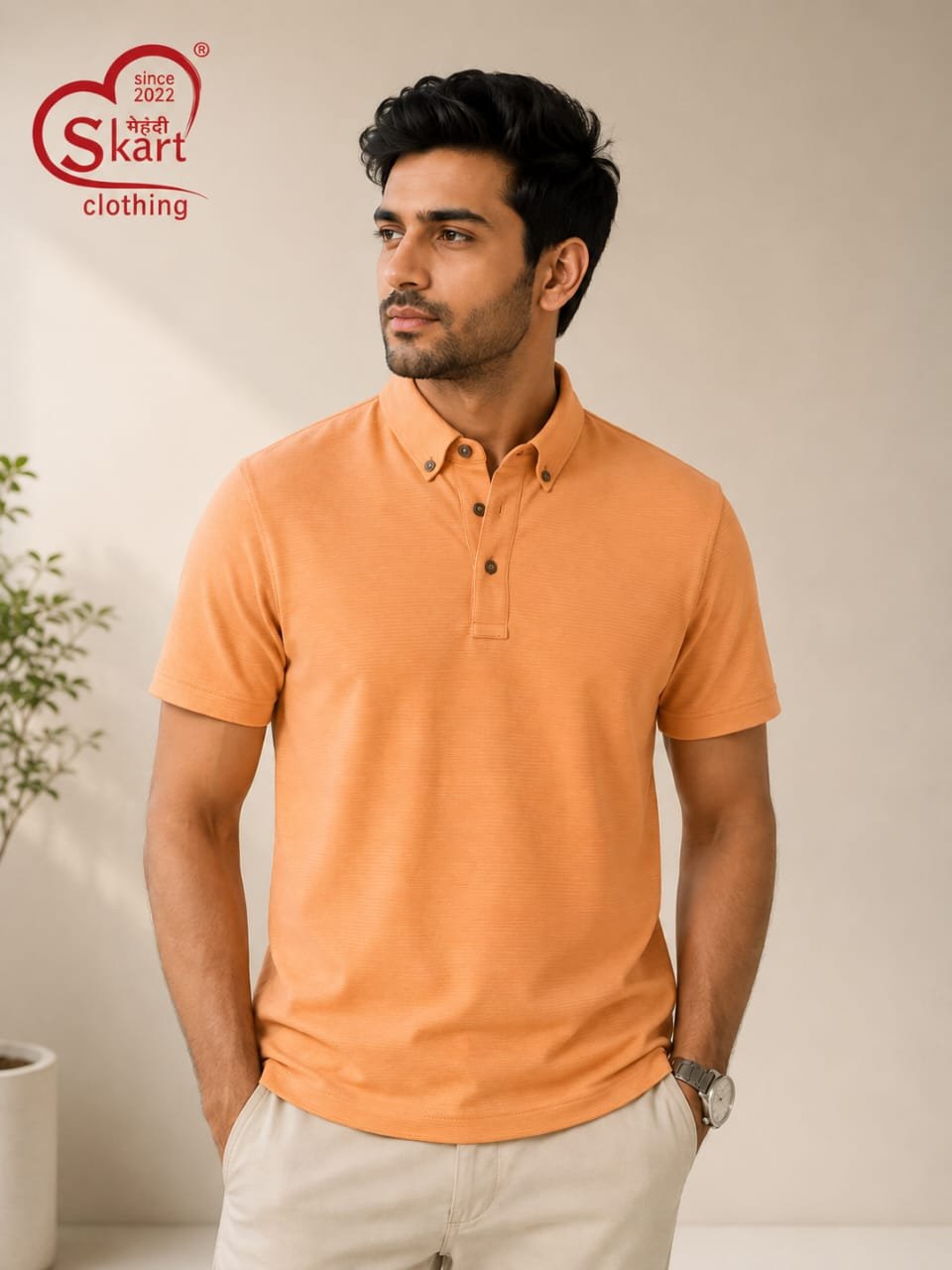 Peach Orange Solid Polo T-Shirt for Men - View 2