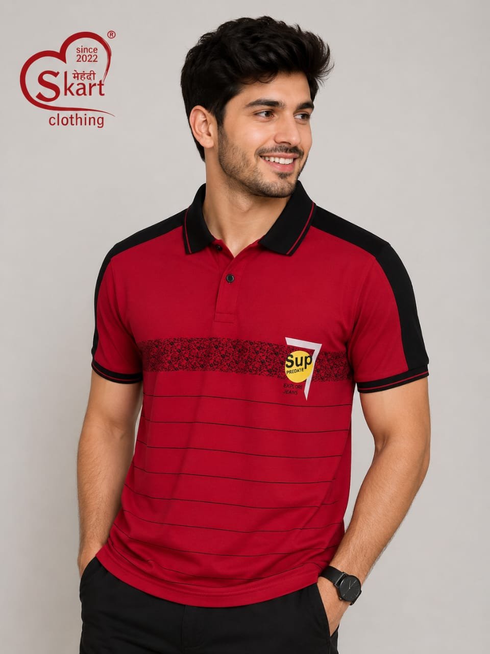 Red & Black Striped Polo T-Shirt for Men - View 2