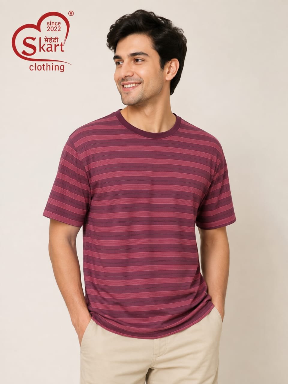 Maroon & Pink Striped Round Neck T-Shirt for Men - View 2
